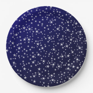 Assiettes En Carton étoiles blanches sur fond bleu foncé