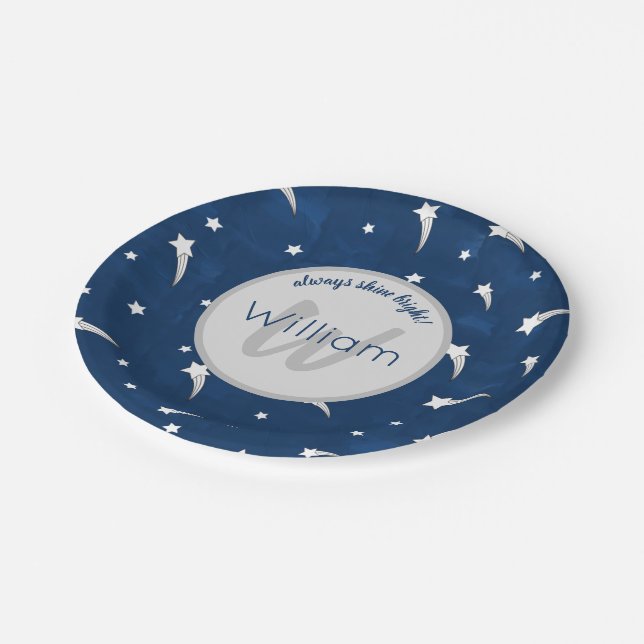 Assiettes En Carton Etoiles Bleu Aquarelle Monogramme Bébé Garçon Anni (Angle)