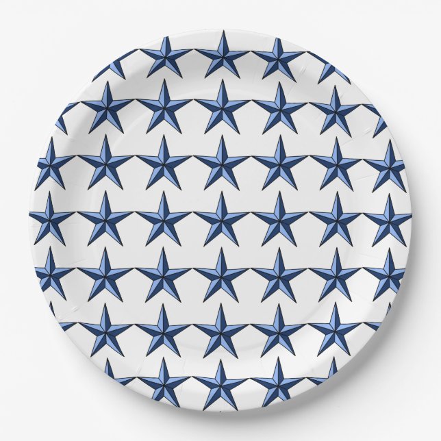 Assiettes En Carton Étoiles bleues patriotiques sur terrain blanc (Devant)
