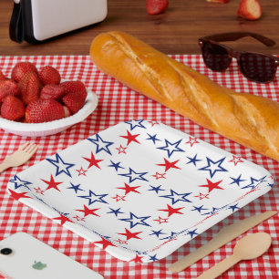 ASSIETTES EN CARTON ÉTOILES BLEUES ROUGES PATRIOTIQUES