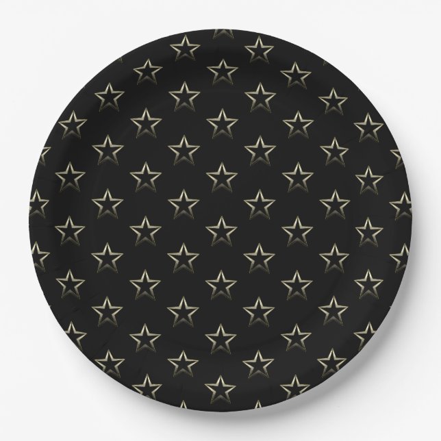 Assiettes En Carton Étoiles d'argent métallique sur noir (Devant)