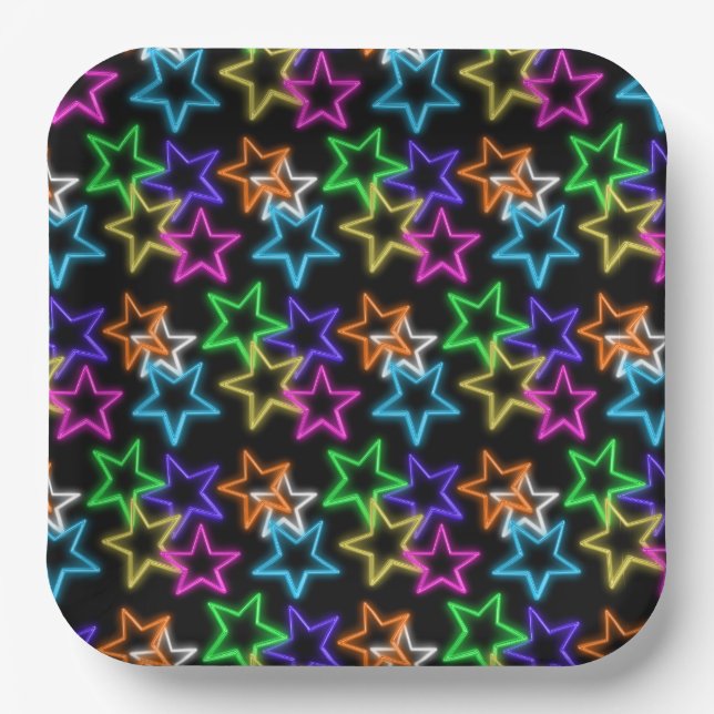 Assiettes En Carton Étoiles de néon sur noir (Recto)