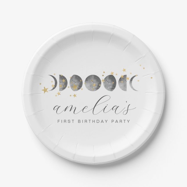 Assiettes En Carton Étoiles d'or des phases de lune (Devant)
