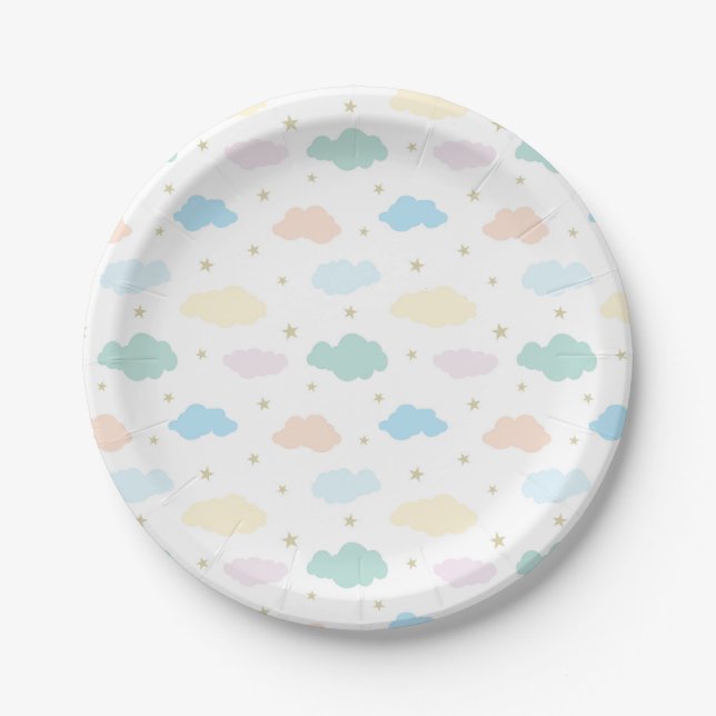 Assiettes En Carton Étoiles et nuages Pastel (Devant)