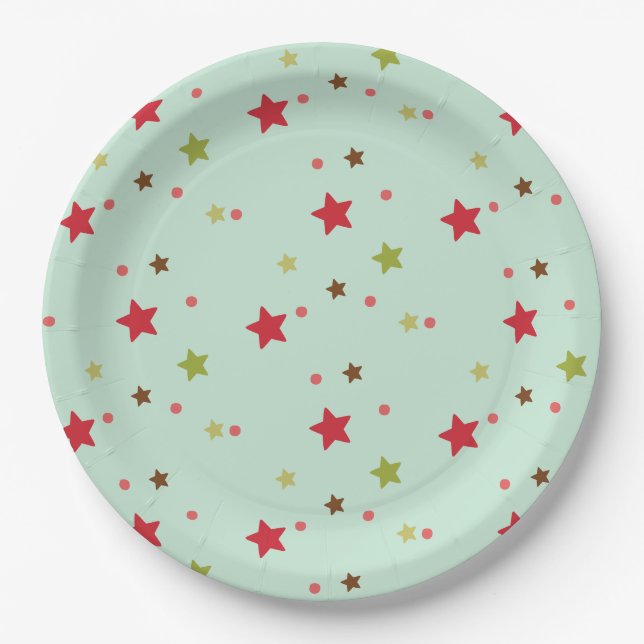 Assiettes En Carton Étoiles et points rouges et verts (Devant)