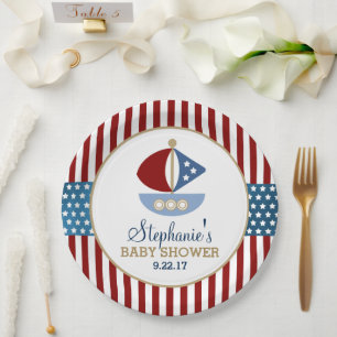 Assiettes En Carton Étoiles et rayures Baby shower nautique