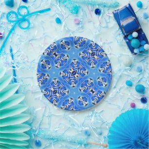 Assiettes En Carton étoiles géométriques bleu clair blanc