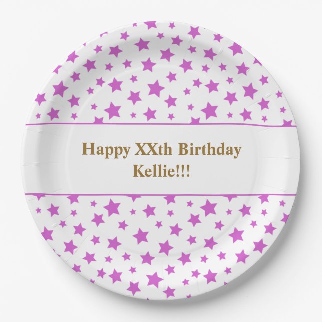 Assiettes En Carton Étoiles roses Personnalisées Avec Message Annivers (Devant)
