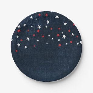 Assiettes En Carton Étoiles Rouge Blanc & Bleu Denim Fête Personnalisé