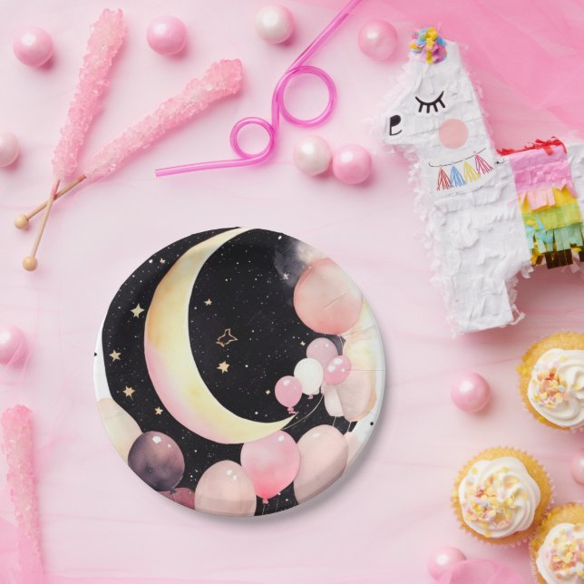 Assiettes En Carton Étoiles scintillantes : Lune et étoiles Bébé Fille (Fête)