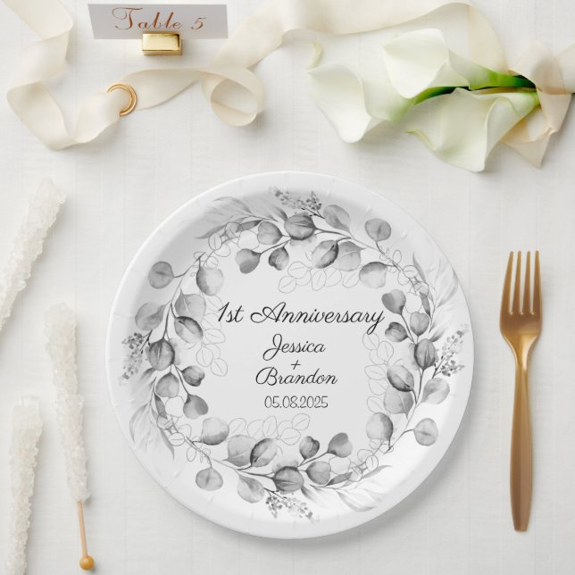 Assiettes En Carton Eucalyptus 1er anniversaire de Mariage papier (Mariage)