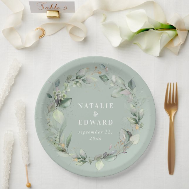 Assiettes En Carton Eucalyptus aquarelle mariage vert sauge (Mariage)