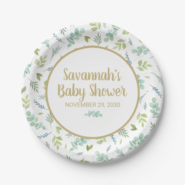 Assiettes En Carton Eucalyptus Baby shower Botanique Verdure (Devant)