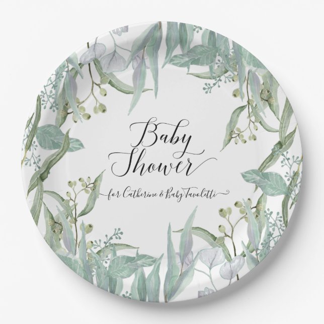 Assiettes En Carton Eucalyptus Baby shower d'aquarelle de verdure (Devant)