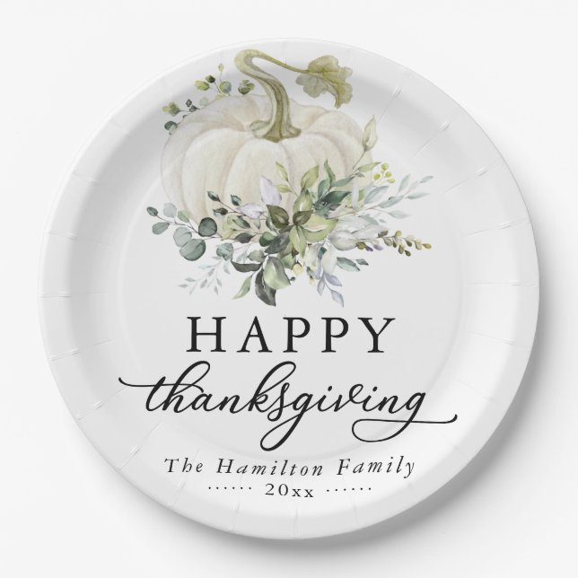 Assiettes En Carton Eucalyptus blanc Citrouille Thanksgiving vert (Devant)