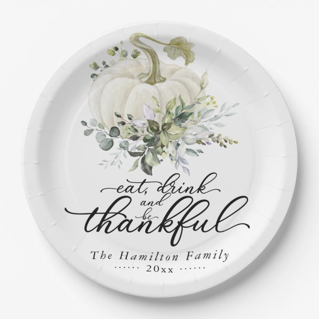 Assiettes En Carton Eucalyptus blanc Citrouille Thanksgiving vert (Devant)