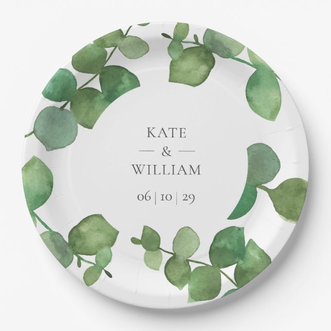 Assiettes En Carton Eucalyptus Boho Mariage floral (Devant)