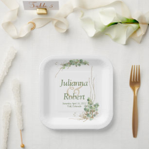 Assiettes En Carton Eucalyptus et plaques en papier mariage or
