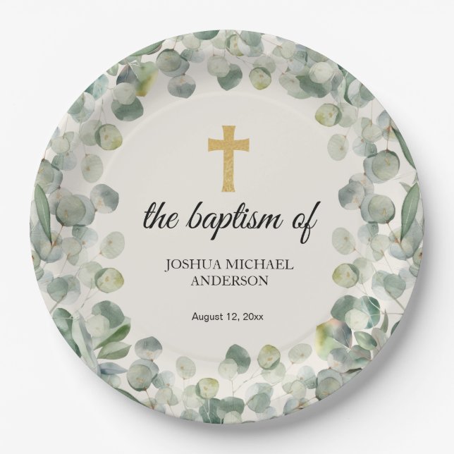 Assiettes En Carton Eucalyptus Gold Cross Baptême Religieux (Devant)