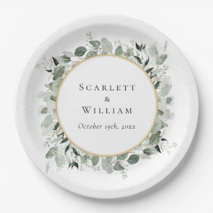 Assiettes En Carton Eucalyptus Green Sage Gold Mariage vert