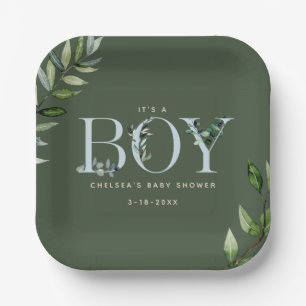 Assiettes En Carton Eucalyptus Letter Baby shower Garçon bleu vert
