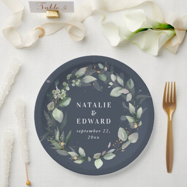Assiettes En Carton Eucalyptus mariage bleu botanique (Mariage)
