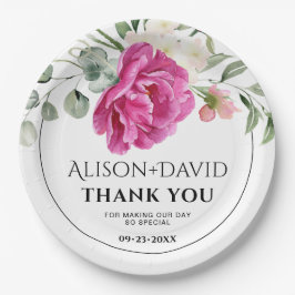 Assiettes En Carton Eucalyptus, rose fleurs typographie mariage