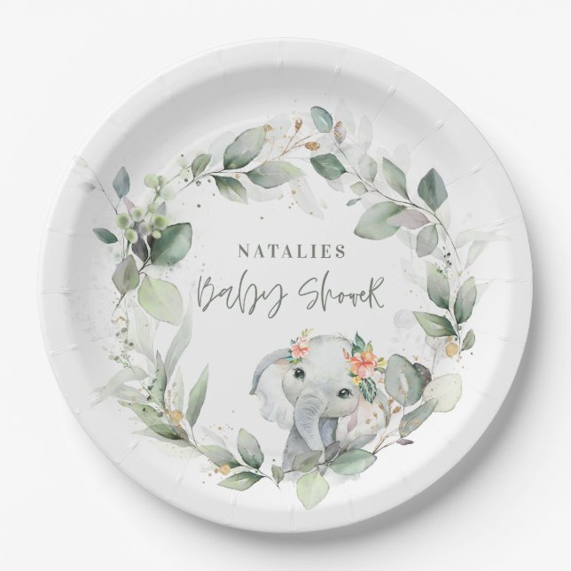 Assiettes En Carton eucalyptus sauge vert mignon baby shower d'éléphan (Devant)