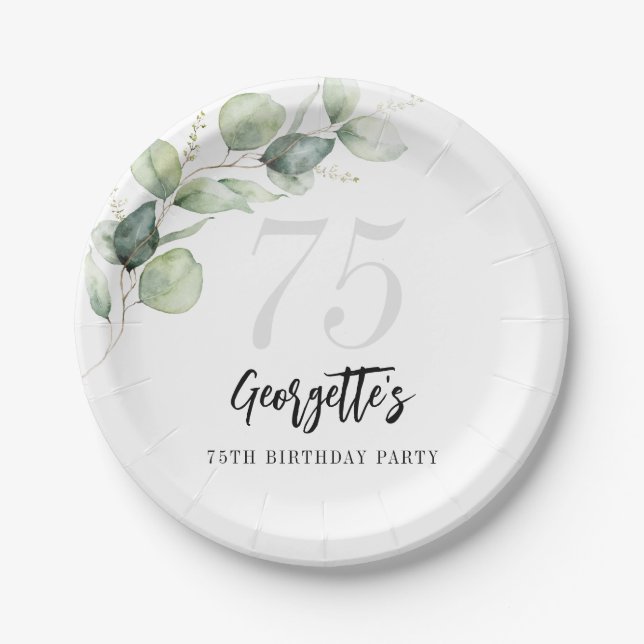 Assiettes En Carton Eucalyptus Verdure Aquarelle 75e anniversaire (Devant)