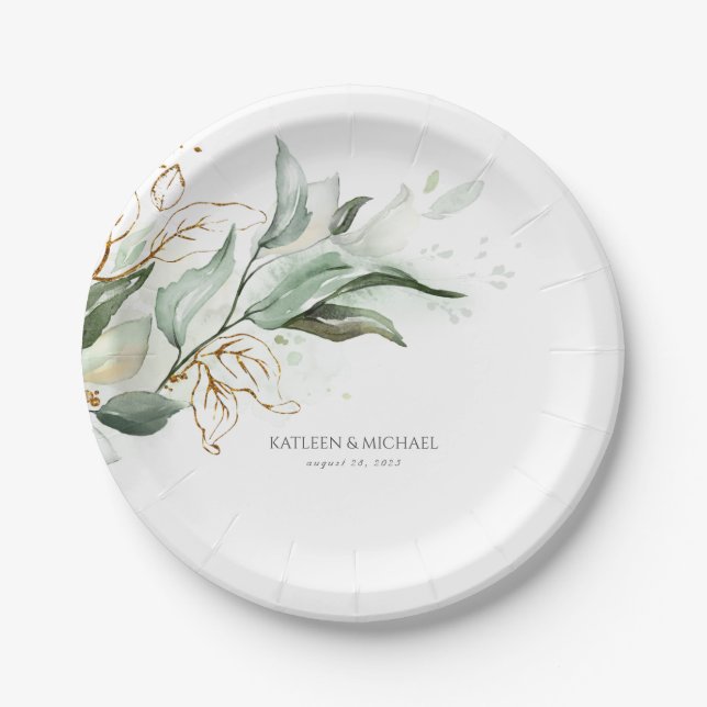 Assiettes En Carton Eucalyptus Verdure Aquarelle Mariage romantique (Devant)