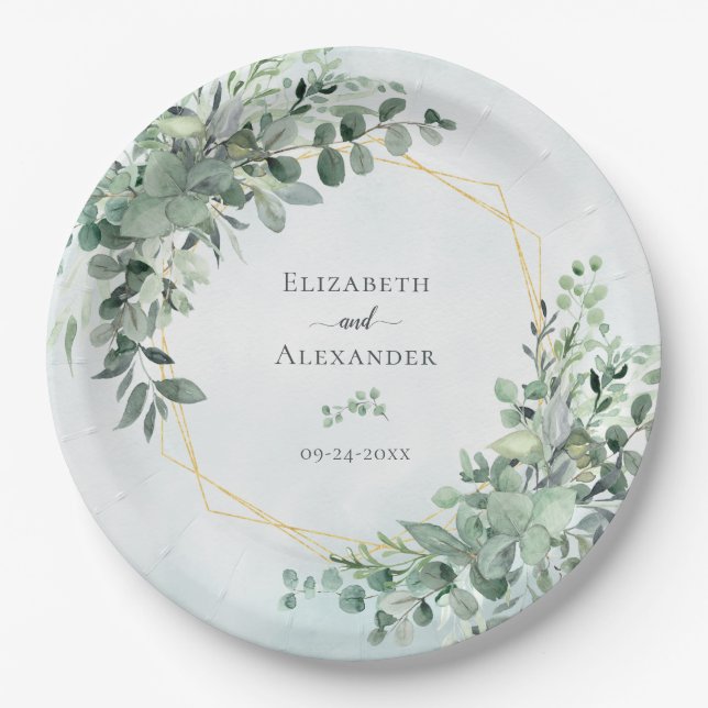 Assiettes En Carton Eucalyptus Verdure Géométrique Mariage élégant (Devant)