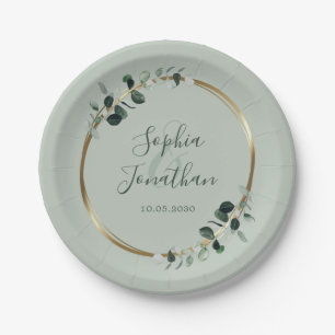 Assiettes En Carton Eucalyptus Verdure Gold Sage Mariage personnalisé