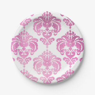 Assiettes En Carton Événement de mariage vintage damassé rose et blanc