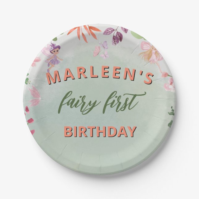 Assiettes En Carton Fairy First Birday Forest Aquarelle Champagne (Devant)