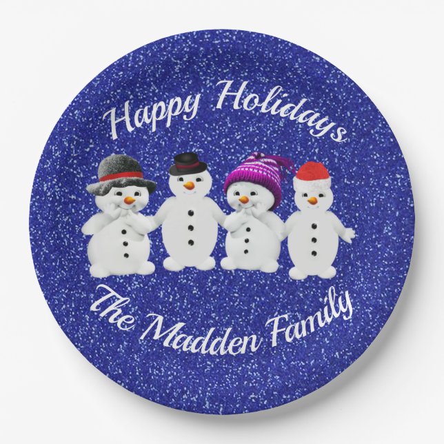 Assiettes En Carton Famille de quatre Snowmen Blue Sparkle Winter (Devant)