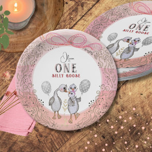 Assiettes En Carton Famille d'oies soyeux rose & bow 1er anniversaire