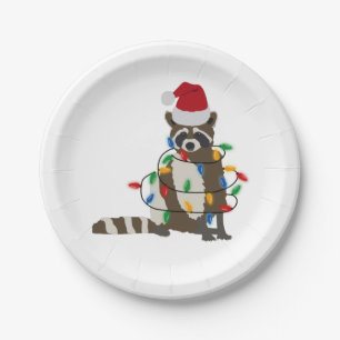 Assiettes En Carton Fantaisie Noël Raccoon Santa Hat Noël Lumières
