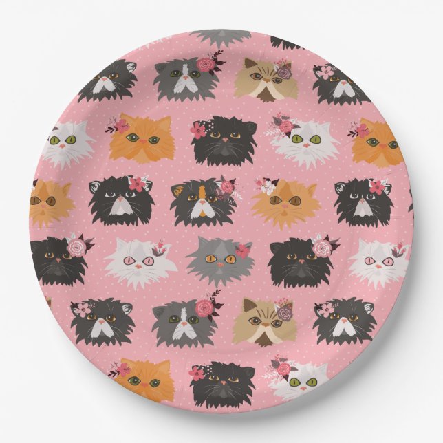 Assiettes En Carton Fantastiques chats perses roses (Devant)
