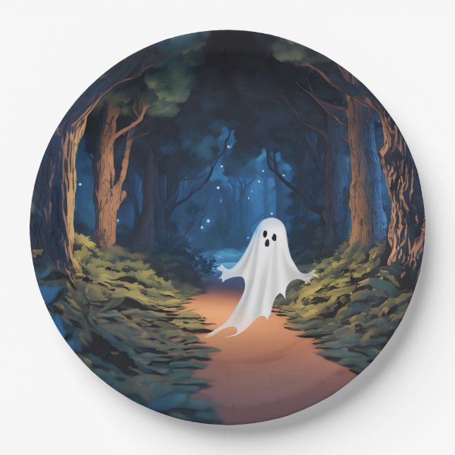 Assiettes En Carton Fantôme Blanc D'Halloween En Forêt (Devant)