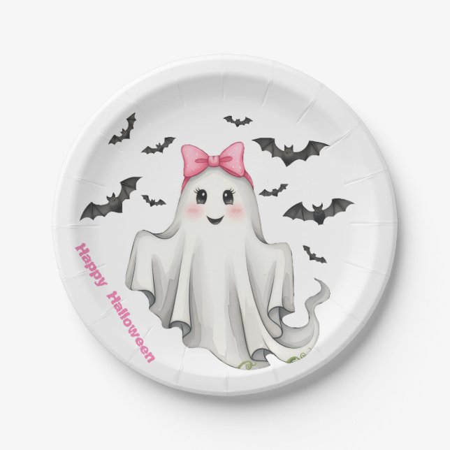 Assiettes En Carton Fantôme de fille rose avec chauves-souris volant (Devant)