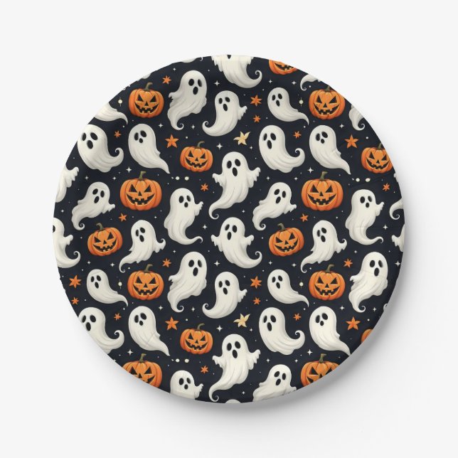 Assiettes En Carton Fantômes et Jack oLanterns Halloween (Devant)