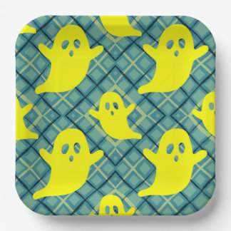 Assiettes En Carton Fantômes jaunes d'Halloween sur carreaux verts