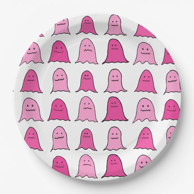 Assiettes En Carton Fantômes roses d'Halloween (Devant)