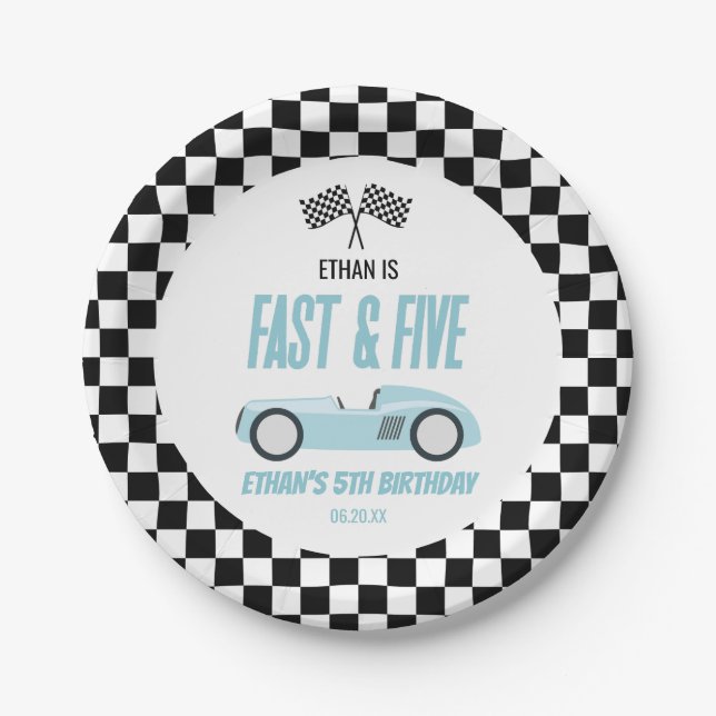 Assiettes En Carton Fast & Five Blue Race Car 5e fête d'anniversaire (Devant)