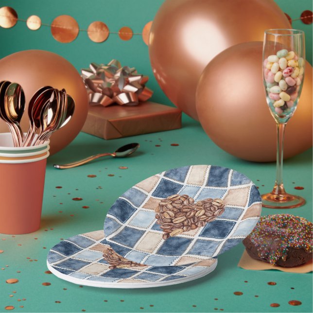 Assiettes En Carton Faux Bleu Crème de Denim Haricots de Café de Coeur (Multi)