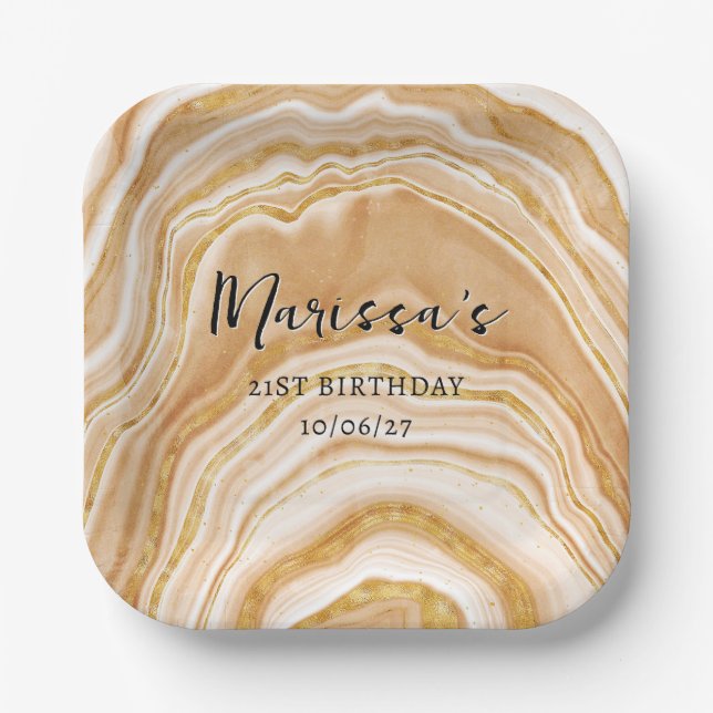 Assiettes En Carton Faux Golden Agate 21e anniversaire (Recto)