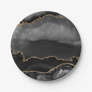 Assiettes En Carton Faux Gris Marbré Agate Parties scintillant dorée