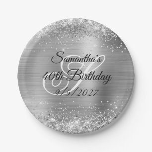 Assiettes En Carton Faux Paillettes et Feuille d'Argent 40e Anniversai
