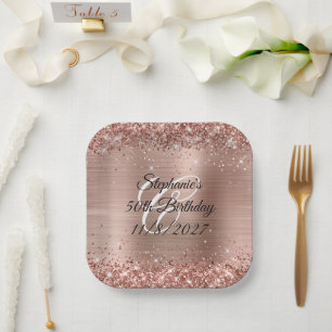 Assiettes En Carton Faux rose gold pailleté et feuille d'aluminium 50e