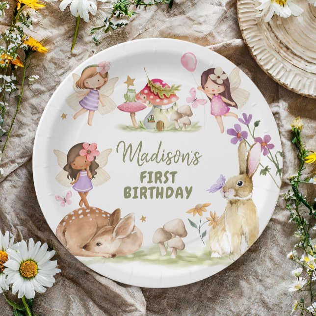 Assiettes En Carton Fée Anniversaire 1er Enchanted Forest Girl Floral (Créateur téléchargé)